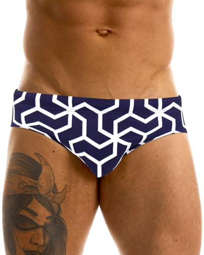 MIZOK Men's Hot Body Quick Dry Swimsuit Briefs Sexy Prints Swimwear Bikini Navy L