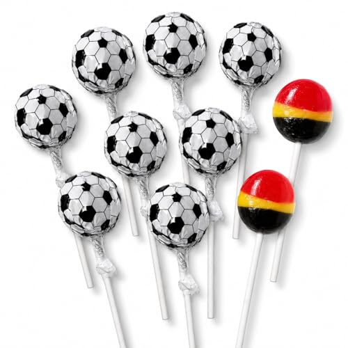 41,12€/KG Fußball Lutscher 10 Stück 170g in den Deutschland Farben Schwarz/Rot/Gold – Leckere Himbeergeschmack Lollys/Bonbons für Fußballpartys Kindergeburtstag Events & Fanartikel