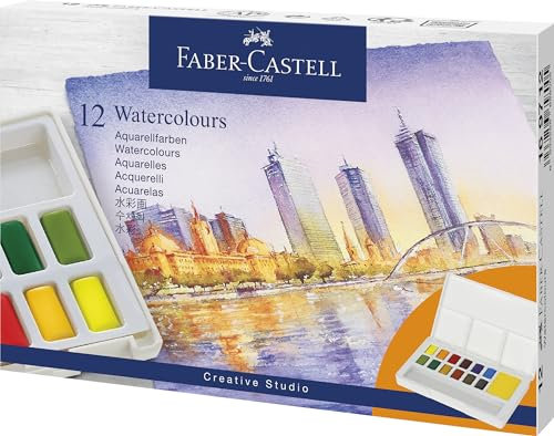 Faber-Castell 169712 - Set de peinture aquarelle, 12 godets de peinture, y compris palette de mélange et pinceau pour réservoir d'eau, pour débutants et artistes amateurs