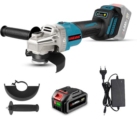 ONEVAN Akku Winkelschleifer, 125mm Bürstenloser Winkelschleifer mit 4.0Ah Akku, 6 Gang Regelbare Drehzahl, 700W Akku Trennschleifer Angle Grinder Winkelschleifer mit Drehzahlregelung