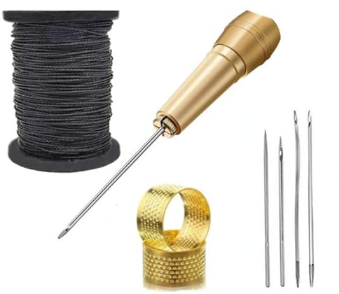 MIEDEON Handsticher, Kegel, Messingahle, Bastelnadel-Set, DIY, Nähen, Reparaturwerkzeug, Ahle, Nadel, Lederhandwerk, Nadel, Fadenschnur mit Fingerhut (Schwarz, Einheitsgröße)