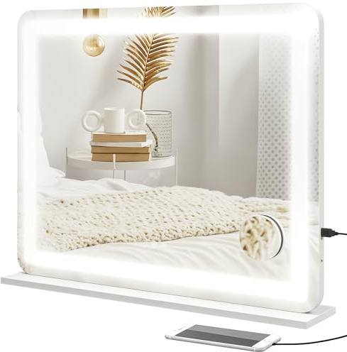 HOMCOM Specchio Trucco Luci LED Luminosità Regolabile 3 Colori 80x62 cm | Specchio da Parete e Tavolo, Specchietto Ingranditore 10x, Presa USB, Comandi Touch