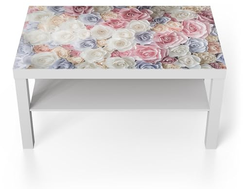 DEQORI Glastisch | weiß groß 90x50 cm | Motiv Sanfte Pastell Rosen | ausgefallener Beistelltisch aus Glas | Hochglanz Couchtisch fürs Wohnzimmer | moderner Couch Tisch mit Design
