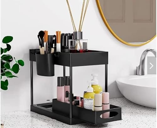 Danojo- 2 Tier Under Storage, Black Under Sink Storage Shelf with Bottom Sliding Basket Drawer,4 Hooks, 2 Hanging Cup, Multipurpose Slim Under Sink Organizer for Kitchen & Bathroom