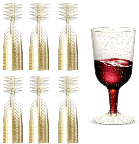 Gikisla Lot de 30 verres à vin en plastique à paillettes dorées, capacité de 180 ml, à pied, réutilisables, incassables, parfaits pour les mariages, les fêtes et la maison