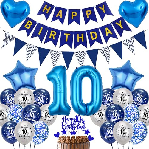 10. Geburtstag Junge Blau Silber Luftballons - Happy Birthday Banner Wimpel Girlande XXL Zahlenballons Konfetti Luftballons Tortendeko, Marinebla Herzen Sterne Folienballon für Mädchen Geburtstagsdeko