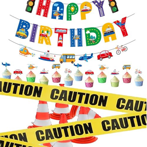 SKIRUP Car Theme Birthday Transportation Happy Birthday Banner Car Bus Train Plane Ship Garland for Kids Party Supplies Set, Traffic Banner, Cardboard Vehicles, Traffic Cones Balloons, Cupcake Toppers