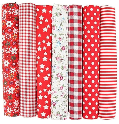 7er Set Baumwollstoff 50x50cm – Stoffe zum Nähen, Patchwork Stoffe, Stoffreste – DIY Stoff für Basteln, Quilten, Deko & Puppenkleidung – 100 % Baumwolle, stoff weihnachten (Rot, 50x50cm)