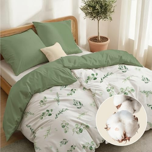 Dreamzie 2x Bettwäsche 135x200 Baumwolle 4teilig + 2 Kissenbezüge 80x80 | Grüne Blätter・4-teilig・100% Baumwolle・Bedrucktes Design・Oeko-Tex zertifiziert