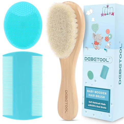 DEBETOOL Cradle Cap Brush and Comb Set with Baby Hair Brush - 3-Piece Wooden Baby Brush Set for Newborns and Infants