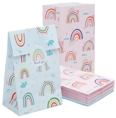 APOMOONS 24 Stück Regenbogen Papier Partytüten, Geschenktüten Faltbarer mit 24 Aufkleber Wiederverwendbare Papiertüten Regenbogen Mitgebsel Tüten für Hochzeit, Party, Geburtstag