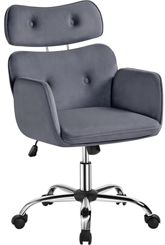 Yaheetech Velvet Vanity Swivel Chair with Arms & Headrest, Ergonomic Rolling Makeup Chair w/Lumbar Support for Bedroom, Study, Office, Dark Gray