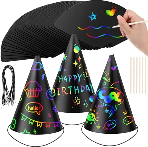 Lewtemi 150 Pcs Scratch Party Hats DIY Birthday Art Cone Scratch Hats Colorful Party Craft Paper Hat Decorating Supplies (Black)