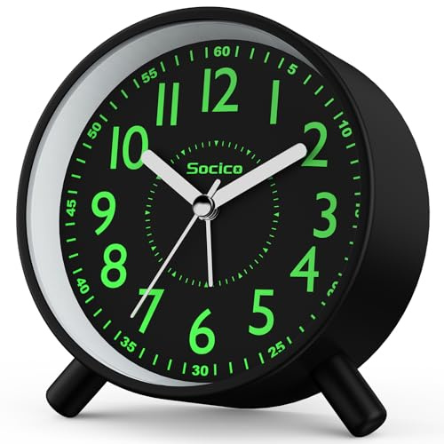 SOCICO Despertador Analógico, Reloj de Cabecera Redondo Retro de Metal – a Pilas con Luz Nocturna y Función Snooze, para Oficina, Dormitorio, Viaje, Regalo para Niños y Adultos (Negro)