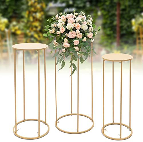 TTISJHK Lot de 3 supports de fleurs cylindriques en métal doré - Colonnes décoratives autoportantes pour fleurs et ballons - Décoration de table de cérémonie - Stable et réutilisable