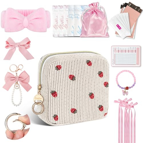 Neceser para Compresas Niñas Set de Bolsa Compresas Algodon Tampones con Producto Sanitario Bolsa Menstrual de Servilletas Sanitarias Neceser Portátil para Mujers Regalo Adolescentes Niña(Fresa)