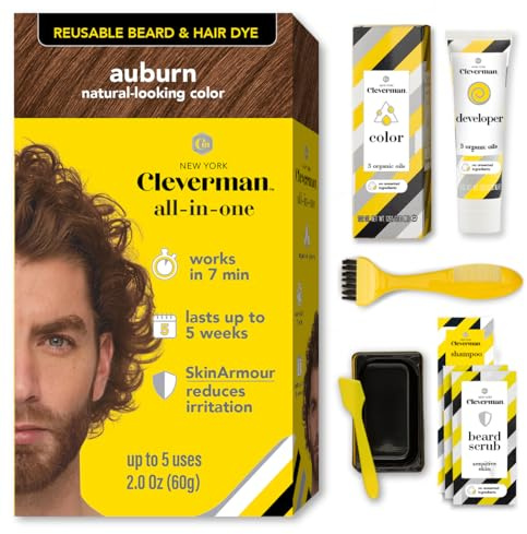 Reusable Hair & Beard Dye for Men – Auburn 7.04 | Up to 5 Uses, 7 Minutes | Natural Gray Coverage, No-Drip Cream with SkinArmour® – Cleverman