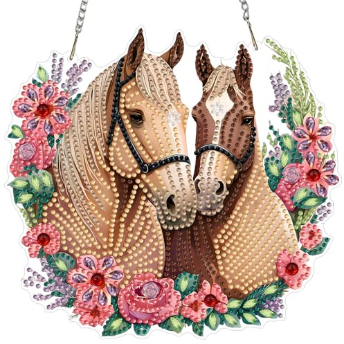 MXJSUA DIY Zwei Pferde Diamond Painting Anhänger mit Kette Erwachsene, Diamant Painting Fensterbilder Hängende Ornament Bastelset Set für Wand Und Eingang Decor 20x20CM