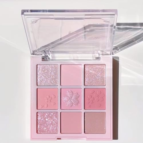 9-Color Glitter Pink Eyeshadow Palette – Long-Lasting Waterproof Formula with Shimmer & Matte Shades, High Pigment, Smudge-Proof, Blendable Texture, Ideal for Natural or Glam Eye Makeup (Pink Flower)
