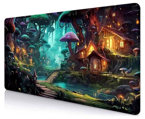 SXCKANG Mushroom Anime Desk Mat, Fairy Forest Large Gaming Mouse Pad for Laptop Computer, Tabletop Magic Play Mats Full Desk Mouse Pads, Fantasy Art XXL Playmat Mousepad