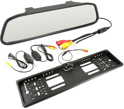 4,3 Zoll Rückfahrkamera Spiegel + Kennzeichenhalter + 170° IR Farb Rückfahrkamera, Auto HD Rückspiegelmonitor, Nachtsicht Nummernschild, 4LED wasserdichte Nachtsicht Einparkhilfe + Transmitter