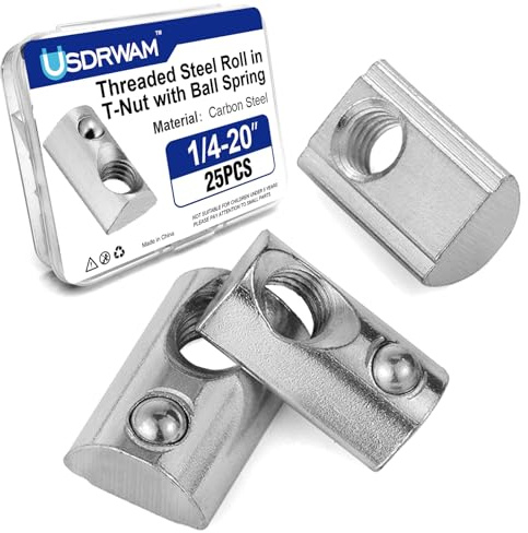 1/4-20 Roll in T Nut with Ball Spring, Carbon Steel Spring Loaded T Slot Nut Compatible with 8020 10 Series Aluminum Extrusion Rails 25PCS