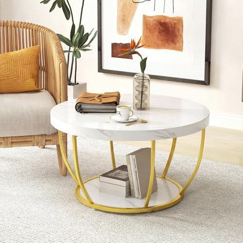 GOPLUS Table Basse Ronde Faux Marbre à 2 Niveaux, Table d'Appoint Salon Ovale, Style Moderne avec Pieds Réglables, pour Chambre et Bureau, Charge 90KG, D.80 x 45 CM (Blanc)