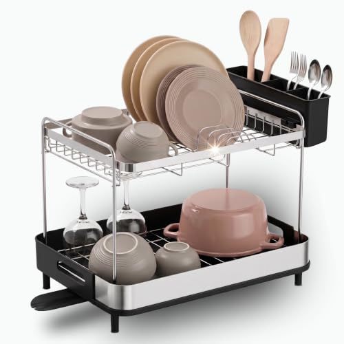Homellence Escurreplatos, Escurridor Platos Acero Inoxidable, Dos Niveles | Escurreplatos grande, acero inoxidable y plástico, portacubiertos extraíble