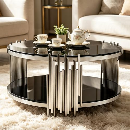 Bladez Runder Couchtisch Schwarz Glastisch 80cm, Luxus Moderner Silber Metallbeine, Design Sofatisch aus gehärtetem Glas und Edelstahl, Wohnzimmertisch Beistelltisch (Silber, Couchtisch)