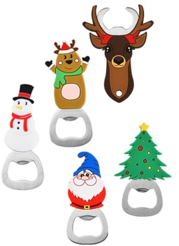 IMIKEYA 5 Pezzi Apribottiglie Natalizio in Acciaio Inossidabile e Silicone a Forma di Cartone Animato per Birra e Vino, Strumento Robusto per Feste e Bar, Design Decorativo a Tema Natale