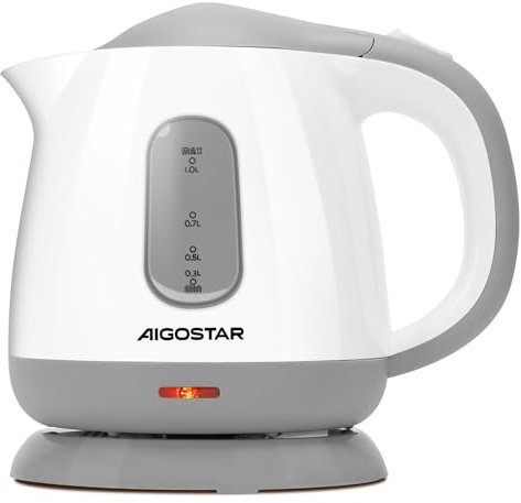 Aigostar Juliet - Hervidor de Agua Compacto de 1 Litro, 1100W, Hervidor Pequeño, Indicador de Doble Nivel de Agua, Filtro Antical Desmontable, Base 360º,Libre de Bpa, Plástico, Gris y Blanco