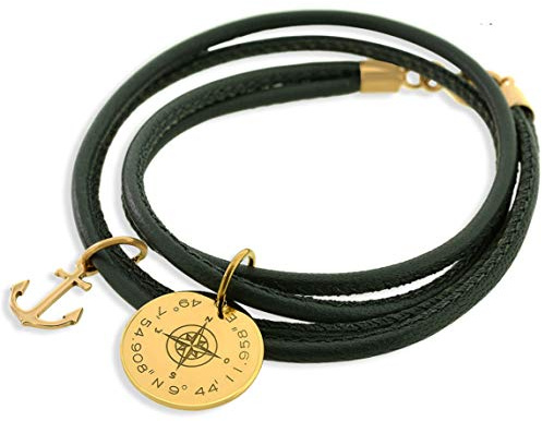 Damenarmband mit Gravur Koordinaten Kompass 925 Silber Gold schwarz braun Armband Namensarmband Mann Schmuck Leder Geschenk Damen Herren | HANDMADE IN GERMANY