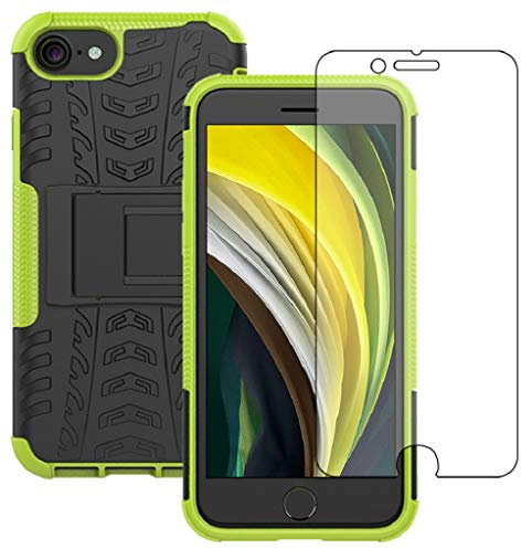 Yiakeng iPhone 8 fodral, iPhone 7 fodral med skärmskydd, stöttåligt silikonskydd med ställ hårt telefonskydd för iPhone SE 2020/7/8 (grön)