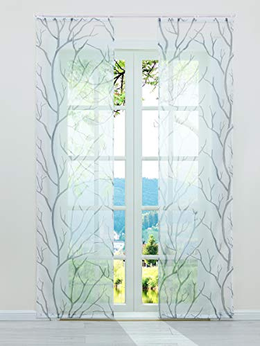 ESLIR Schiebegardinen Set 2er Flächenvorhänge Gardinen mit Klettband Schiebevorhang Transparent Vorhang mit Zweige Muster Voile Weiß-Grau BxH 57x245cm 2 Stück