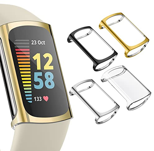 Screen Protector for Fitbit Charge 6/5, Soft TPU All-Around Cover Anti-Scratch Case with Bumper (Dark Grey + Silver + Gold + Clear)