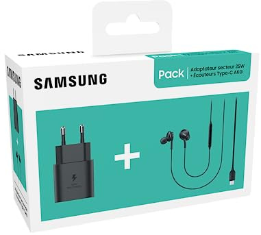 Samsung AKG In-Ear-Kopfhörer-Set Typ C + Schnellladekopf, Schwarz, In-Ear-Kopfhörer, kabelgebunden, 3,5 mm, mit Aufsätzen, Größen S, M und L, Schnellladegerät, 25 W, mit USB-C-Adapter