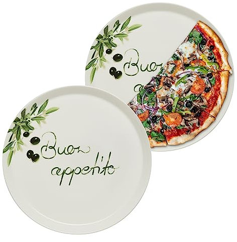 KHG 2er set Pizzateller, extra groß mit 30cm Durchmesser in Buono appetito Print, perfekt für Gastro und Zuhause, hochwertiges Porzellan, Spühlmaschinengeeignet & perfekt Stapelbar