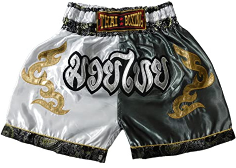 White Grey Sporty Junior Shorts for Muay Thai Boxing - Ideal Kickboxing Trousers for Boys and Girls - Perfect for Gym, Sports and Fitness 10-12 Years