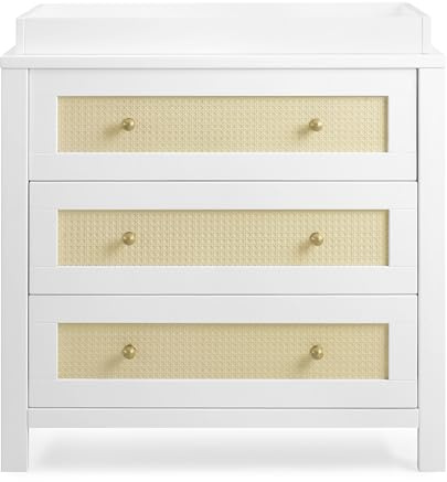 Simmons Kids Theo 3 Drawer Dresser with Changing Top and Interlocking Drawers, Bianca White/Textured Almond