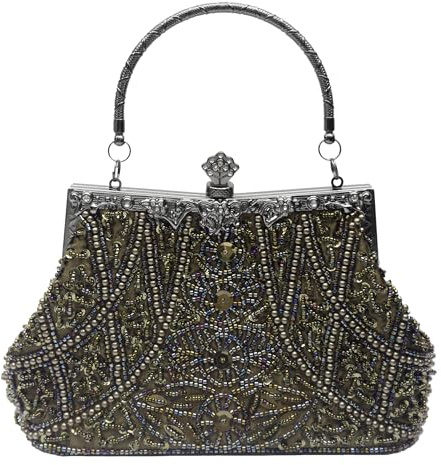lapulio Abendtasche im Vintage-Stil mit Blumenmuster, Perlen, Pailletten, elegante Clutch für Damen, für Bräute, Bälle, Partys und formelle Anlässe