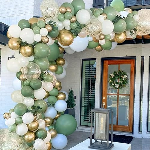 YoParty Balloon Arch Kit - 141 Pcs Green Balloon Arch Kit with Assorted Size Balloons in White, Metallic Gold & Confetti - Ideal for Birthday, Baby Shower, Party & Wedding Decorations