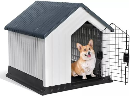 XL Plastic Dog House – Large Weatherproof Kennel for Indoor & Outdoor Use – Raised Floor, Waterproof Roof, Ventilated, Removable Mesh Door – Secure & Durable Pet Shelter 96x96x95cm