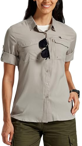 MoFiz Women's UPF 50+ UV Sun Protection Safari Shirt Long Sleeve Outdoor Cool Quick Dry Fishing Hiking Gardening Shirts Khaki L
