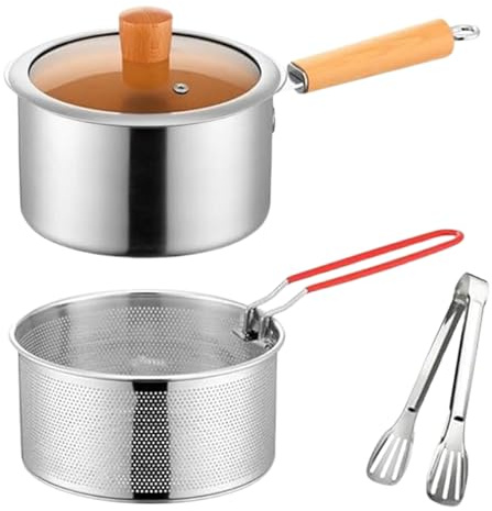 Sartén Freidora Profunda con Cesta,Olla Fritura Con Mango Antideslizante - Menaje De Cocina De Acero Inoxidable Para Freír Patatas Fritas Pescado Gambas Con Uso En Cocina Comida Y Mariscos