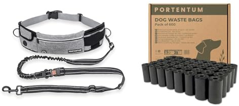 PORTENTUM Hunde Joggingleine Freihand mit Bauchgurt Grau + 600 Hundekotbeutel Auslaufsicher aus Recyceltem Material - Essential Set für Laufen, Wandern und Bequeme Spaziergänge