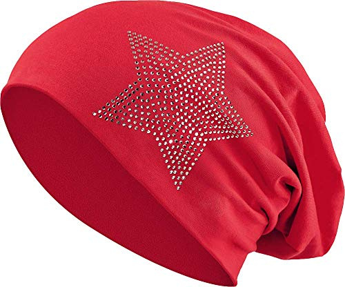 Balinco Strass Stern Steine Jersey Baumwolle elastisches Long Slouch Beanie Unisex Damen Mütze Heather Wintermütze (2)
