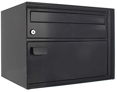 Rottner cassetta postale per pacchi Enzian, serratura a cilindro con 2 chiavi, chiusura a scatto, nero-grigio, LxH 415x315 mm, kit di fissaggio incluso, targhetta portanome