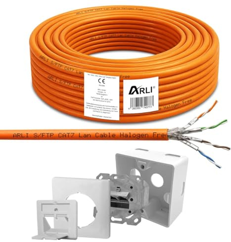 ARLI CAT 7 50m Verlegekabel Netzwerkkabel CAT.7 + 1x Cat6a Netzwerkdose Halogenfrei SFTP S/FTP CAT7 PIMF Kabel Netzwerk 50 m Netzwerk Cat 6a Dose