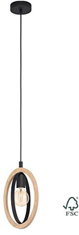 Eglo Suspension Basildon, lampe suspendue vintage 1 flamme, style industriel rétro, suspension en acier et bois noir naturel, lampe de table à manger, lampe de salon suspendue avec douille E27