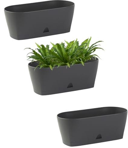 Engelland - 3 x Blumenkasten mit Untersetzer, Anthrazit, Balkonkasten, Pflanztopf, 25 cm, Tischdeko, für Garten, Terrasse, Fensterbank, mit Wasserauffangschale, Innen- & Außenbereich, 1,7 Liter